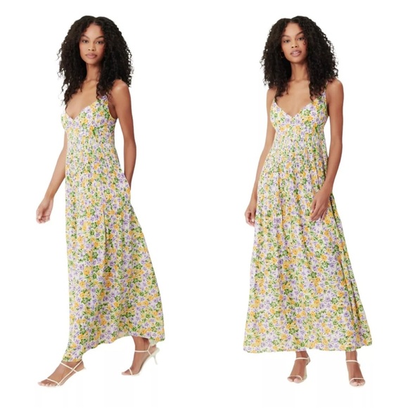 Nicholas Susan Pleated Floral Print A-Line Sleeveless Linen Maxi Cocktail Dress - Picture 6 of 15